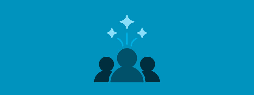 Blue background with light blue stars above people silhouttes