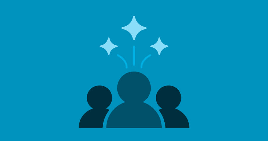 dark blue icon of 3 people watching fireworks on a light blue background