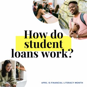 Centered, in bold black lettering reads "How do student loans work?" with three images of students in circle shapes.