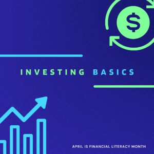 In green and blue lettering reads "Investing Basics." with a bar chart in the left hand corner