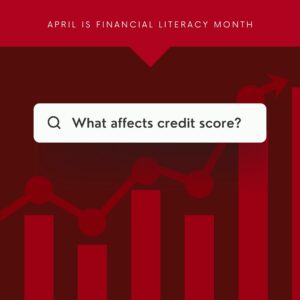 In a search box reads "What affects credit score?" The image has a red background and a red bar chart going upwards.