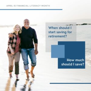 A middle aged couple walking on the beach together. In two blue boxes next to them reads "When should I start saving for retirement?" and "How much should I save?"