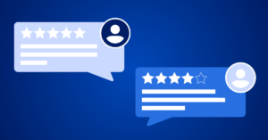 A blue image with two illustrations depicting user reviews with star ratings and feedback.