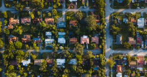 An aerial image of a neighborhood.