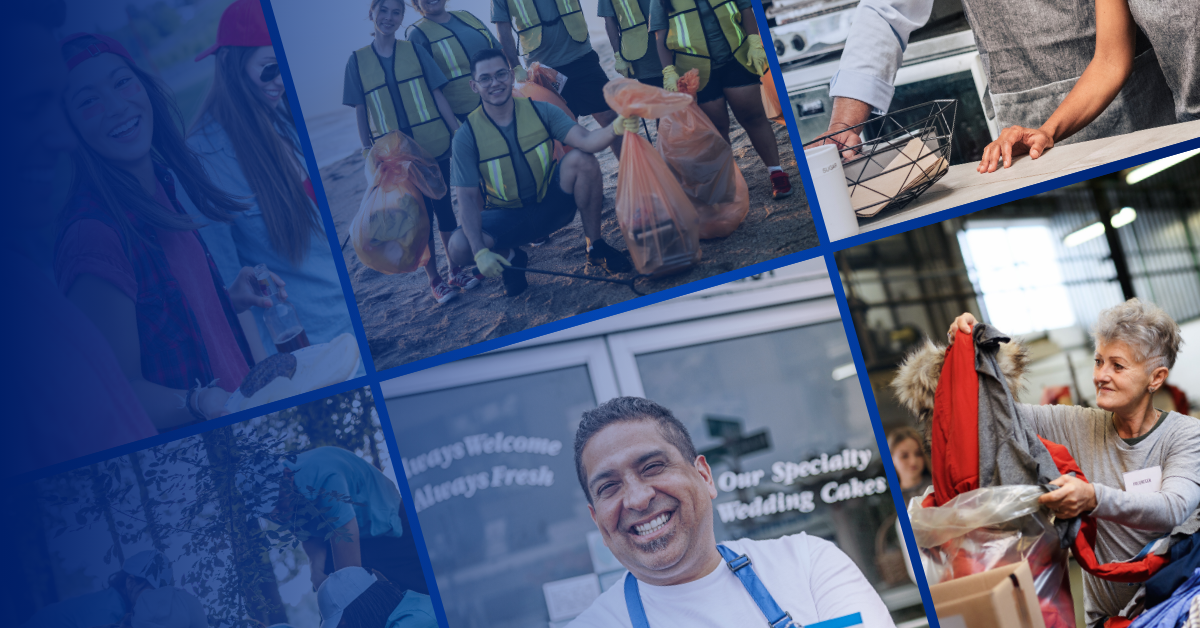 A collage of content ideas, showcasing people participating in community events, donation drives and supporting local businesses.
