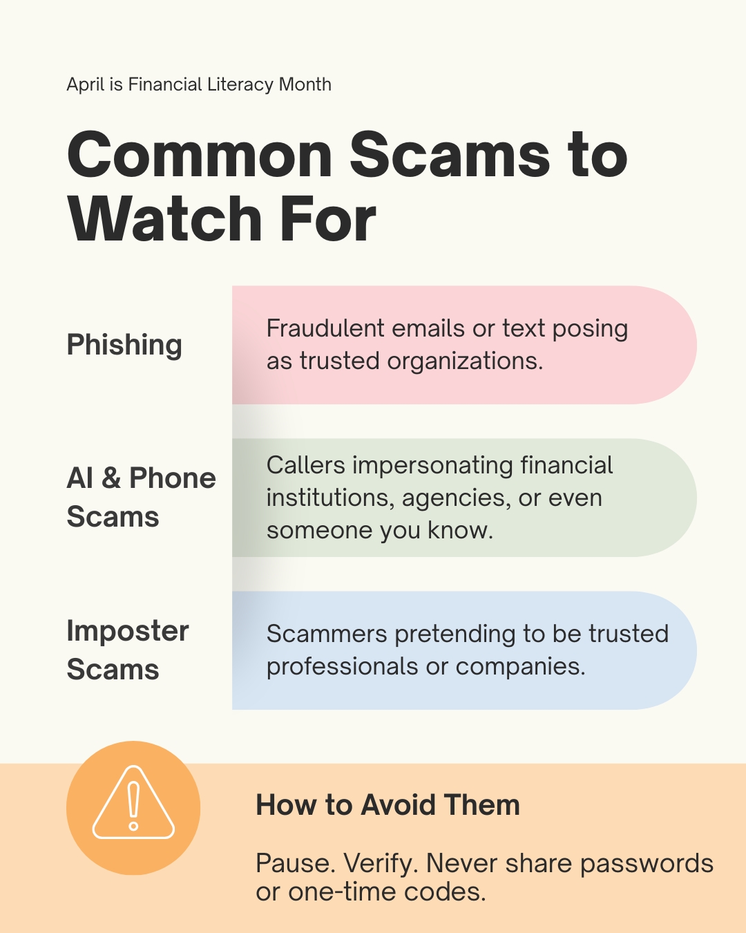 Common Scams to Watch Out For social media graphic