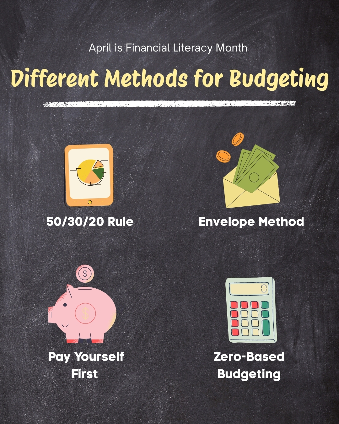 A social content idea for financial literacy month. A graphic that showcases 4 different methods for budgeting.