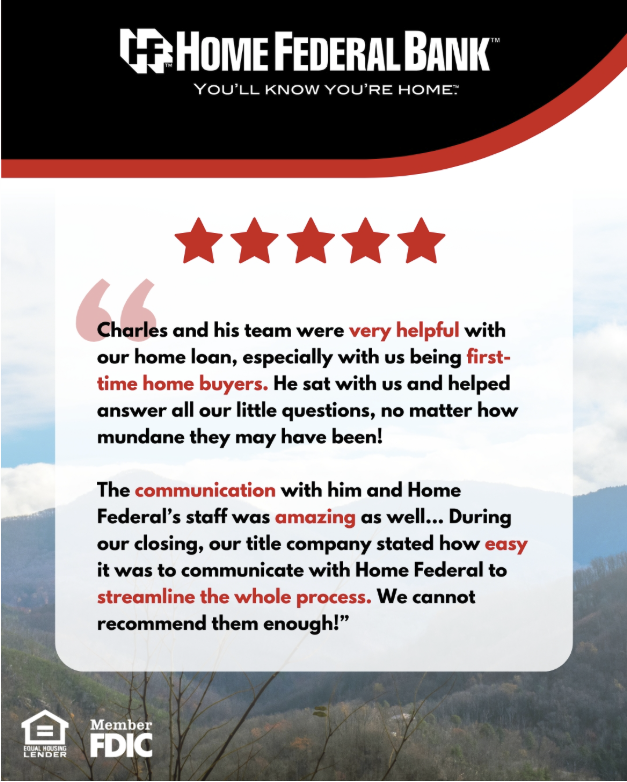 A screenshot of a 5-star review for a community bank.