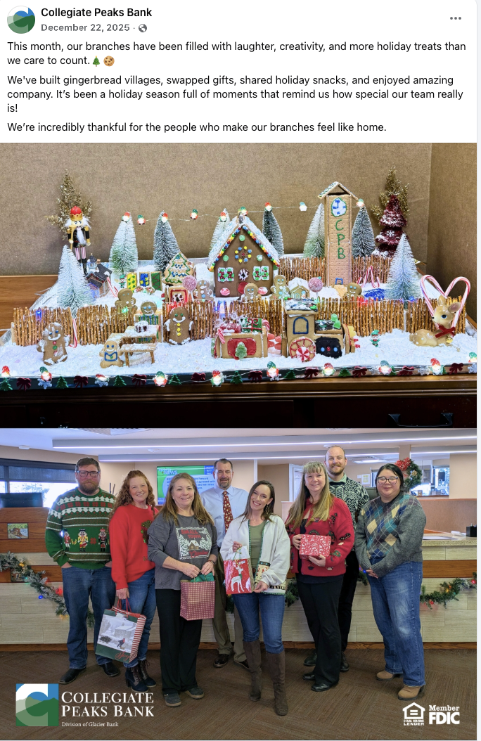 A post highlighting a gingerbread village and Christmas festivities happening at a bank branch.