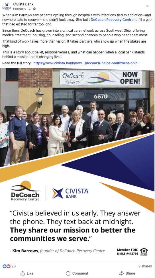 A social post about a custom feature highlighting a local addiction recovery center. The picture shows the recovery center team at a ribbon cutting ceremony at their new facility.