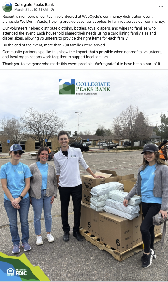A social post highlighting a bank team volunteering at a local supply giveaway event.