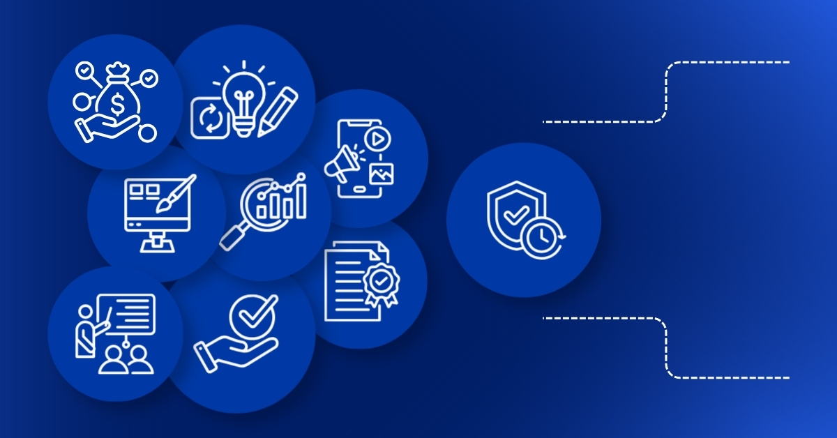The graphic features various icons that represent different marketing steps, falling into a bottle like shape.